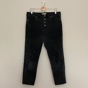 Madewell black, button fly, stovepipe jeans.
